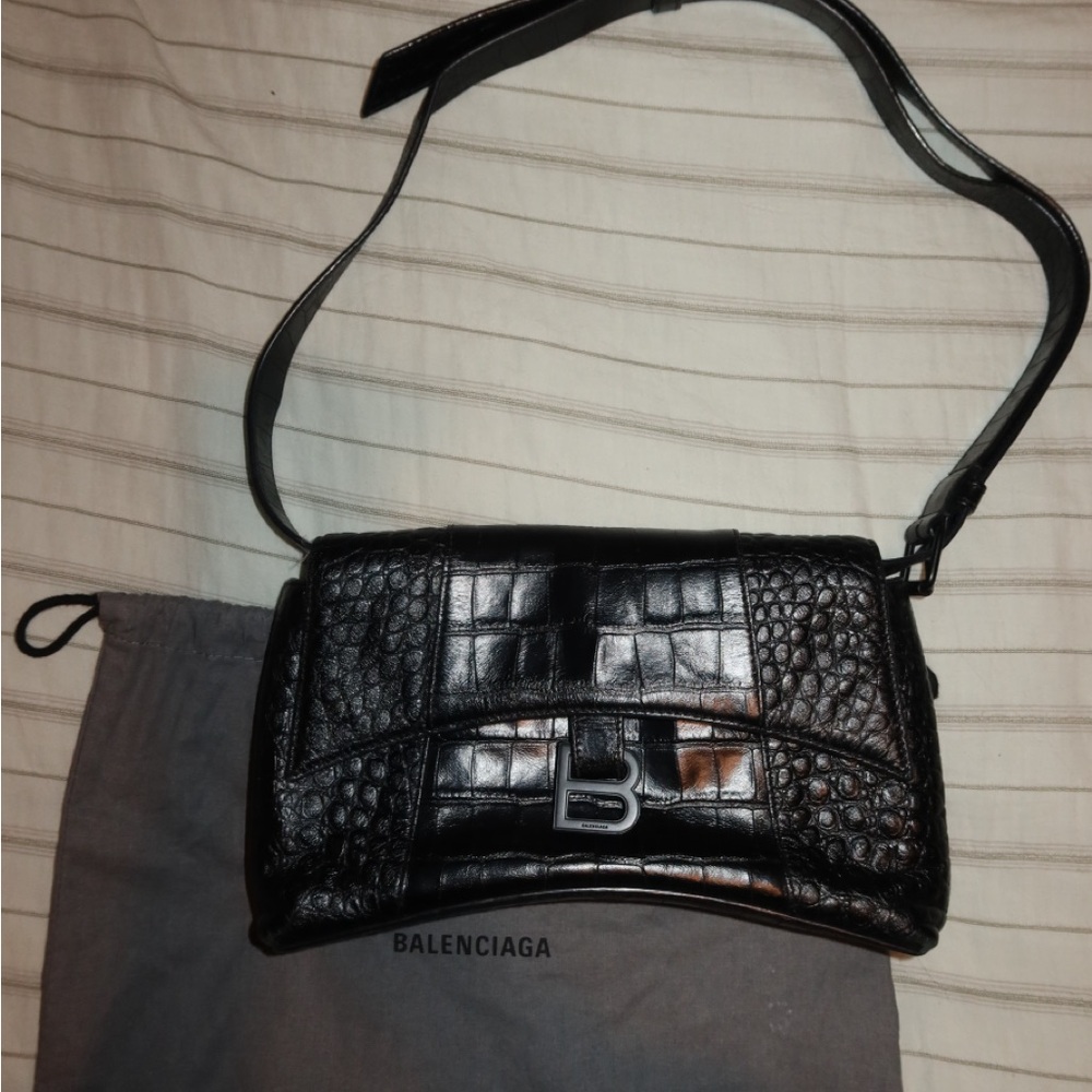 Balenciaga Downtown Black Croc Effect Shoulder Bag